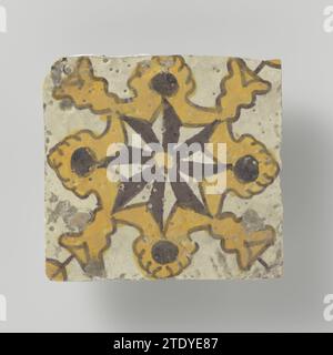 Fliese, anonym, 1600 - 1800 Fliese in gelb und lila mit Sternmuster bemalt. Marokko (möglich) Tunesien (evtl.) Steingut. Majolika-Fliesen mit Zinnglasur in Gelb und Lila mit Sternenmuster. Marokko (möglich) Tunesien (evtl.) Steingut. Verzinnte Majolika Stockfoto