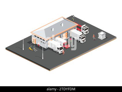 Logistikzentrum Für Isometrische Verteilung. Lagereinrichtungen mit LKW isoliert auf weißem Hintergrund. Vektordarstellung. Stock Vektor