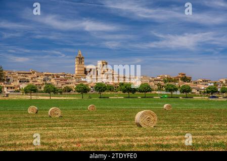 Kirche und Stadt Sineu an einem Frühlingsmittag (Mallorca, Balearen, Spanien) ESP: Iglesia y pueblo de Sineu en un mediodía de primavera (Mallorca) Stockfoto