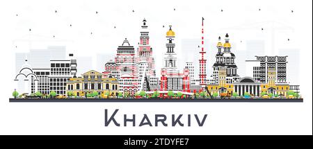 Kharkiv Ukraine City Skyline mit farbigen Gebäuden isoliert auf weiß. Vektorabbildung. Charkiv Stadtbild mit Wahrzeichen. Geschäftsreisen und Touris Stock Vektor