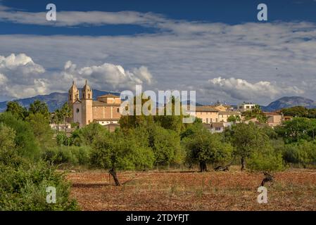 Kirche Sant COSME i Sant Damià in der Stadt Pina (Algaida), an einem Frühlingsmorgen. Im Hintergrund der Puig de Santa Magdalena (Mallorca, Spanien) Stockfoto