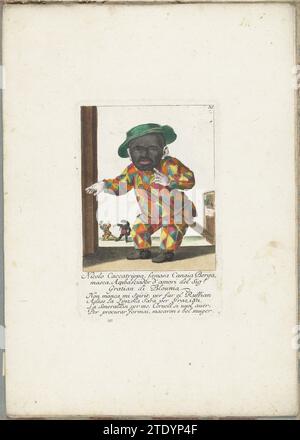 De kleine Mens Nicolo Caccatrippa als Harlekijn, CA. 1710, 1705 – 1715 der italienische kleine Nicolo Caccatrippa als Harlequin mit schwarzer Maske. In der Überschrift unter dem Titel eine vierzeilige Verse auf Italienisch. Oben rechts nummeriert: 35. Teil einer losen Ausgabe aus der Zeit um 1710 einer Serie von Karikaturen kleiner Menschen, bekannt als Zwergton. Augsburger Papier, das den italienischen kleinen Mann Nicolo Caccatrippa als Harlekin mit schwarzer Maske graviert. In der Überschrift unter dem Titel eine vierzeilige Verse auf Italienisch. Oben rechts nummeriert: 35. Teil einer losen Blattausgabe aus der Zeit um 1710 eines Ser Stockfoto