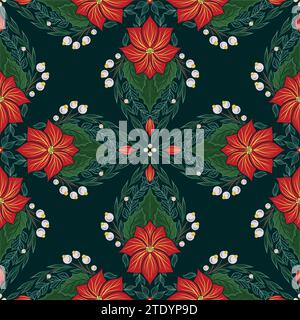 Vektordekorationsmuster mit Kaleidoskop-Poinsettie. Nahtlose festliche Textur mit Weihnachtsblumen mit Laub, Beeren zum Einpacken Stock Vektor