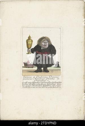 Der kleine Mann Gustavus Weinberger als Geistlicher mit einer Tasse, ca. 1710, 1705 – 1715 der kleine Mann Gustavus Weinberger als Geistiger mit goldenem Becher. In der Überschrift unter dem Titel ein vierzeiliger Vers auf Deutsch. Rechts oben nummeriert: 5. Teil einer losen Ausgabe aus der Zeit um 1710 einer Serie von Karikaturen kleiner Menschen, bekannt als Zwergton. Augsburger Papiergravur des kleinen Mannes Gustavus Weinberger als Geistiges mit einem goldenen Becher. In der Überschrift unter dem Titel ein vierzeiliger Vers auf Deutsch. Rechts oben nummeriert: 5. Teil einer losen Blattausgabe aus der Zeit um 171 Stockfoto