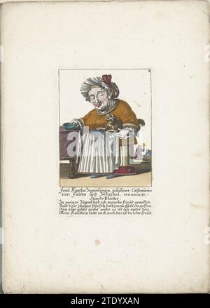 De kleine Mens Frau Agatha Zipperlingin mit Hund, ca. 1710, 1705 – 1715 der kleine Mann Frau Agatha Zipperlingin als alte Frau mit Hund am Arm. In der Überschrift unter dem Titel ein vierzeiliger Vers auf Deutsch. Rechts oben nummeriert: 4. Teil einer losen Ausgabe aus der Zeit um 1710 einer Serie von Karikaturen kleiner Menschen, bekannt als Zwergton. Augsburger Papiergravur des kleinen Mannes Frau Agatha Zipperlingin als alte Frau mit Hund am Arm. In der Überschrift unter dem Titel ein vierzeiliger Vers auf Deutsch. Rechts oben nummeriert: 4. Teil einer losen Ausgabe von AR Stockfoto