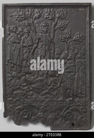 Herdplatte mit Jesus Predigt, anonym, 1575 - 1625 Herdplatte aus Gusseisen, unterteilt in zwei Zonen. In der oberen Zone sehen Sie eine Darstellung eines predigenden Jesus. Es gibt mehrere Männer auf beiden Seiten, einige Frauen und Kinder stehen im Vordergrund. Im Hintergrund stehen Bäume. Die untere Zone ist mit Blumen- und Blattmotiven verziert. Zwischen den beiden Zonen wurde ein Textband installiert. Deutschland Eisen (Metall) Gusseisen-Ofenplatte aus Gusseisen, unterteilt in zwei Zonen. In der oberen Zone sehen Sie eine Darstellung eines predigenden Jesus. Es gibt mehrere Männer auf beiden Stockfoto