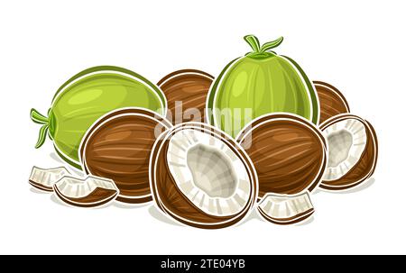 Vektor-Logo für Kokosnuss, dekoratives horizontales Poster mit Umrissillustration der ganzen und zerrissenen Kokosnuss-Zusammensetzung, Zeichentrickdesign fruchtiger Druck Stock Vektor