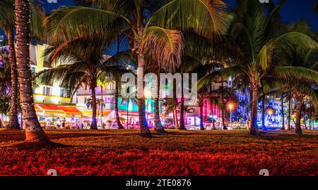 Ocean Drive bei Nacht, South Beach, Miami Florida. Stockfoto
