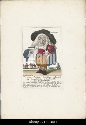 De kleine Mens Lucas Hirnzwik als Anwalt, CA. 1710, 1705 - 1715 der kleine Lucas Hirnzwik als Jurist, der ein Dokument studiert. In der Überschrift unter dem Titel ein vierzeiliger Vers auf Deutsch. Oben rechts nummeriert: 8. Teil einer losen Ausgabe aus der Zeit um 1710 einer Serie von Karikaturen kleiner Menschen, bekannt als Zwergton. Augsburger Papiergravur Lucas Hirnzwik als Jurist, der ein Dokument studiert. In der Überschrift unter dem Titel ein vierzeiliger Vers auf Deutsch. Oben rechts nummeriert: 8. Teil einer lose-Blatt-Ausgabe aus der Zeit um 1710 einer Serie von Karikaturen von Stockfoto