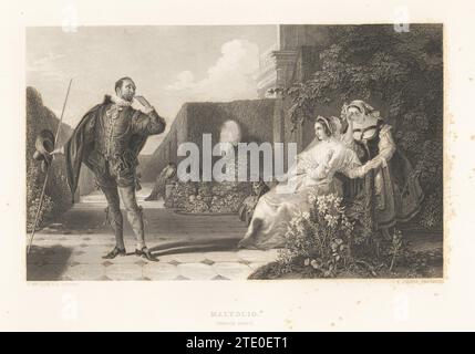 Malvolio und Gräfin Olivia in William Shakespeares zwölfter Nacht. Der arrogante Malvolio wird verärgert, gelbe Strümpfe vor seinem Arbeitgeber Olivia zu tragen, weil er glaubt, sie sei in ihn verliebt. Stahlstich von R. Staines nach einem Gemälde von Daniel Maclise in den Werken von Shakespeare, herausgegeben von Charles Knight, Virtue & Yorston, New York, 1880. Stockfoto