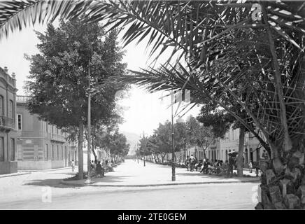 12/31/1931. Rambla II de Febrero, zwei Kilometer lang, kürzlich im neuen Teil der Stadt erbaut. Foto: A. Benítez.-ungefähres Datum.-es gibt mehrere Ramblas in Santa Cruz, obwohl sie als solche bekannt sind, die von mehreren Straßen oder Alleen gebildet werden und die vom Eingang nach Santa Cruz bis zum Zusammenfluss mit dem Hafen an der Anaga Avenue führen. Es ist eine Hauptschlagader im täglichen Leben der Stadt und ist sehr gut vom Park and Garden Services erhalten. Große indische Lorbeeren neben Flamboyanes und Jacarandas und Palmen sowie saisonale Pflanzen. Offen gesagt, es ist ein angenehmer Spaziergang, der enjo Wert ist Stockfoto