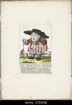 De kleine Mens Crispin Skarnitz, ca. 1710, 1705 - 1715 der kleine Mann Crispin Skarnitz mit breitem Hut. In der Überschrift unter dem Titel ein sechszeiliger Vers auf Deutsch. Oben rechts nummeriert: 26. Teil einer losen Ausgabe aus der Zeit um 1710 einer Serie von Karikaturen kleiner Menschen, bekannt als Zwergton. Augsburger Papier graviert den kleinen Mann Crispin Skarnitz mit breitem Hut. In der Überschrift unter dem Titel ein sechszeiliger Vers auf Deutsch. Oben rechts nummeriert: 26. Teil einer losen Ausgabe aus der Zeit um 1710 einer Serie von Karikaturen kleiner Menschen, bekannt als Zwergton Stockfoto