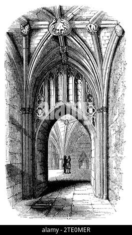 Vintage 1854 Gravur einer Passage aus St. Stephen's Cloisters in die Krypta von Westminster Palace, London. Stockfoto