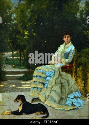 Rizos Ιakovos (1849 - 1926) Dame im Garten mit ihrem Hund, Gemälde 19.-20. Jahrhundert, Nationalgalerie, Athen, Griechenland. Stockfoto