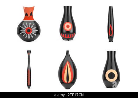 Satz von schwarzen hölzernen abstrakten afrikanischen Design Vasen auf weißem Hintergrund. 3D-Rendering Stockfoto