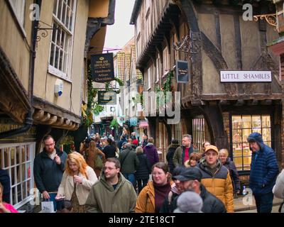 York, UK - 23. November 2021: Touristen und Käufer in der Shambles-Gegend der City of York in Nordengland. Stockfoto