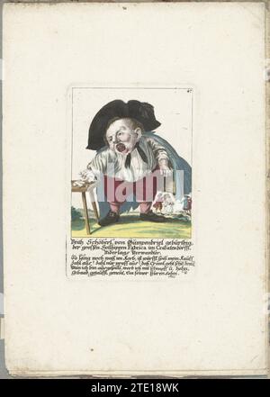 De Little mens Veith Schöberl von Gümpendriel, ca. 1710, 1705 - 1715 der kleine Mann Veith Schöberl von Gümpendriel. In der Überschrift unter dem Titel ein vierzeiliger Vers auf Deutsch. Oben rechts nummeriert: 47. Teil einer losen Ausgabe aus der Zeit um 1710 einer Serie von Karikaturen kleiner Menschen, bekannt als Zwergton. Augsburger Papierstich des kleinen Mannes Veith Schöberl von Gümpendriel. In der Überschrift unter dem Titel ein vierzeiliger Vers auf Deutsch. Oben rechts nummeriert: 47. Teil einer lose-Blatt-Ausgabe aus der Zeit um 1710 einer Serie von Karikaturen kleiner Menschen, bekannt als dwar Stockfoto