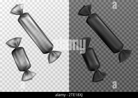 Schwarze Folienverpackungen, isoliert auf transparentem Hintergrund. Leere Süßigkeiten für Lutscher, Schokoladen- und Karamellherstellung, Designelemente für Werbung. Realistische 3D-Vektor-Illustration, Clip-Art Stock Vektor