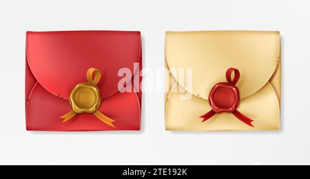 Goldene und rote Vintage-Umschläge mit Wachssiegel. Geschlossener Rohling mit rundem Stempel mit Band. Papierumschlag, antike Botschaft, Briefpaket, Dokument oder Postkarte. Realistisches 3d-Vektormockup. Stock Vektor