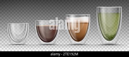 Leere, volle Gläser mit Doppelwänden in verschiedenen Größen auf transparentem Hintergrund. Realistisches 3D-Glas-Tassen-Set mit heißen Getränken - isolierter schwarzer Espresso, Cappuccino oder Latte mit Schaum und grünem Tee. Stock Vektor