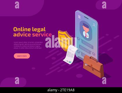 Isometrische Landingpage für Online-Rechtsberatung. Befürworten Sie die Beratung mit Chat über Smartphone, Aktentasche und Rechtsschutz. Rechtsbeistand bei der Regulierung von Rechtsfragen zur Einhaltung der Vorschriften Stock Vektor