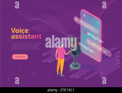 Landing-Page oder Webbanner des Sprachassistenten. Vektorisometrischer Mann-Benutzer steht an einem großen Smartphone mit Mikrofon. Speaker Command Speaker Speech Recognition Smart App. Konzept der intelligenten Soundwave-Technologien Stock Vektor