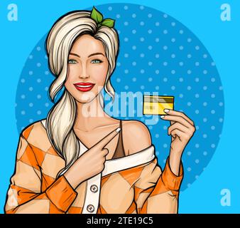 Vektor-Illustration eines jungen blonden Mädchens mit Plastikkreditkarte, die mit Zeigefinger auf sie zeigt. Poster für Werberabatte, Verkäufe im Pop-Art-Stil. Shopping mit Bankkarten-Konzept. Stock Vektor