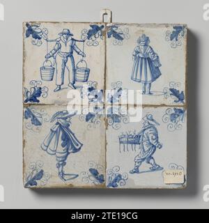 Feld von vier Fliesen mit Menschen und ihren Aktivitäten, Anonym, ca. 1620 - ca. 1650 Feld von vier Fliesen (2 x 2) mit jeweils einer blau bemalten Person und seine Aktivitäten mit in den Ecken, einem Flügelring. Niederlande Steingut. Blechglasur Majolika-Feld mit vier Fliesen (2 x 2) mit jeweils einer blau bemalten Person und seinen Aktivitäten mit in den Ecken, einer Flügelfeder. Niederlande Steingut. Verzinnte Majolika Stockfoto