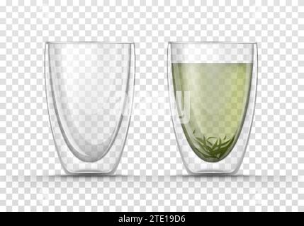 Glas leere Tasse mit doppelten Wänden und Becher mit grünem Tee, Blättern. Vektor-realistische Illustrationen, isoliert auf transparentem Hintergrund, Gläser leer und voller Heißgetränk. Mockup für Markenwerbung. Stock Vektor