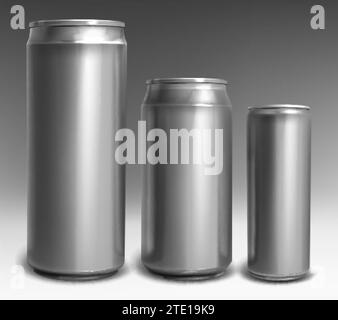 Aluminiumdose in verschiedenen Größen für Limonade, Bier, Energy Drink, Cola, Saft oder Limonade auf grauem Hintergrund. Vektor-realistisches Modell, Vorlage aus Metalldose für Kaltgetränk-Vorderansicht Stock Vektor