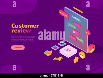 Kunden überprüfen isometrische Landing Page. Usability-Bewertung, Feedback, Reputation, Kundenzufriedenheit und Star-Rating-Systemkonzept. Social Media Digital Marketing Evaluation Web-Banner, Website. Stock Vektor