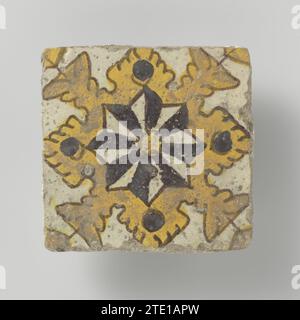 Fliese, anonym, 1600 - 1800 Fliese, gelb lackiert, Mangan. Lobbetrosette, in der ein achtzackiger Stern steht. In den Ecken eines Viertels riesiger Ecken, verbunden mit der Rosette durch eine dünne Linie. Tunesien (möglich) Marokko (möglich) Steingut. Zinnfliesen, gelb lackiert, Mangan. Lobbetrosette, in der ein achtzackiger Stern steht. In den Ecken eines Viertels riesiger Ecken, verbunden mit der Rosette durch eine dünne Linie. Tunesien (möglich) Marokko (möglich) Steingut. Zinnglasur Stockfoto