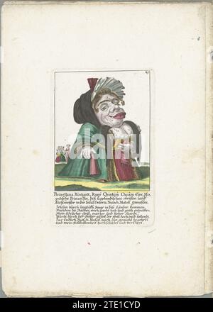 De Small mens porzellana Kinkank, ca. 1710, 1705 - 1715 der kleine Mann Porzellana Kink Cancer, mongolische Prinzessin und Ehefrau von Nutsch-Moloff, Wirt in Sápmi (Lappland). In der Überschrift unter dem Titel ein vierzeiliger Vers auf Deutsch. Oben rechts nummeriert: 49. Teil einer losen Ausgabe aus der Zeit um 1710 einer Serie von Karikaturen kleiner Menschen, bekannt als Zwergton. Augsburger Papiergravur der kleine Mann Porzellana Knickkrebs, mongolische Prinzessin und Ehefrau von Nutsch-Moloff, Wirt in Sápmi (Lappland). In der Überschrift unter dem Titel ein vierzeiliger Vers auf Deutsch. Nummeriert Stockfoto