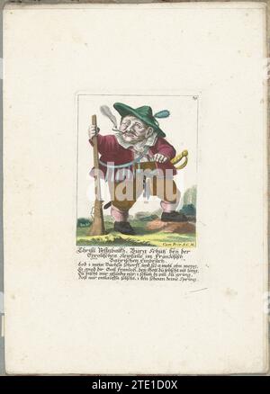 Das kleine Mens Christl Vestnbalkh, CA. 1710, 1705 – 1715 der kleine Mann Christl Vestnbalch als Mitglied der Tiroler Miliz. In der Überschrift unter dem Titel ein vierzeiliger Vers auf Deutsch. Oben rechts nummeriert: 39. Teil einer losen Ausgabe aus der Zeit um 1710 einer Serie von Karikaturen kleiner Menschen, bekannt als Zwergton. Augsburger Papier mit dem Gravur des kleinen Mannes Christl Vestnbalch als Mitglied der Tiroler Miliz. In der Überschrift unter dem Titel ein vierzeiliger Vers auf Deutsch. Oben rechts nummeriert: 39. Teil einer lose-Blatt-Ausgabe aus der Zeit um 1710 einer Serie von Karikaturen von Stockfoto