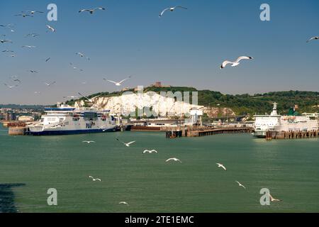 Fähren im Hafen, Burg und die Kreidefelsen von Dover, Kent, England, Großbritannien, Europa | Fähren am Hafen von Dover, Schloss und am Weißen Felsen Stockfoto