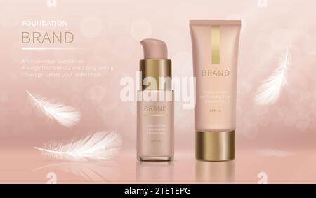 Vektorgrafik kosmetische Werbeplakat. Foundation mit voller Abdeckung und schwerelose Formel, Make-up-Produkt in Glasflasche mit Spender und Rohr mit goldener Kappe in der Nähe fliegende weiße Feder. Werbebanner-Konzept Stock Vektor