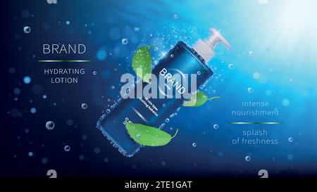 Natürliche Minze Vektor kosmetische realistische Anzeigen Poster. Flasche mit Lotion und grünen Blättern auf blauem Unterwasser-Hintergrund mit Luftblasen und Strahlen. Mock up für Magazin oder Katalog mit Bio-Kosmetik Stock Vektor
