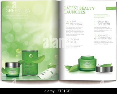 Vektor-Vorlage für glänzende Kosmetik-Magazin. Magazin- oder Katalogaufstrich, Seite mit Naturkosmetik, Blattmaske neben grünen Teeblättern und Seite mit grünem Nacht- oder Tageshautpflegeprodukt Stock Vektor