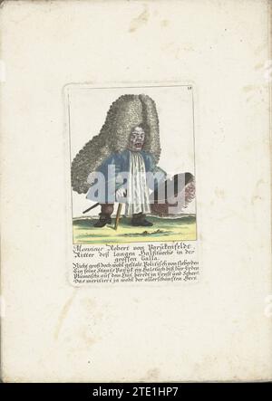 De kleine Mens Robert von Parukenfeldt, ca. 1710, 1705 – 1715 der kleine Mann Robert von Parukenfeldt, in Gala mit großer Perücke. In der Überschrift unter dem Titel ein vierzeiliger Vers auf Deutsch. Oben rechts nummeriert: 18. Teil einer losen Ausgabe aus der Zeit um 1710 einer Serie von Karikaturen kleiner Menschen, bekannt als Zwergton. Augsburger Papiergravur des kleinen Mannes Robert von Parukenfeldt, in Gala mit großer Perücke. In der Überschrift unter dem Titel ein vierzeiliger Vers auf Deutsch. Oben rechts nummeriert: 18. Teil einer losen Ausgabe einer Karikaturserie aus der Zeit um 1710 Stockfoto