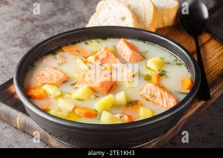 Cremige Fischsuppe mit Lachs, Kartoffeln, Zwiebeln, Karotten, Dill und Sellerie in Nahaufnahme auf einem Teller auf dem Tisch. Horizontal Stockfoto