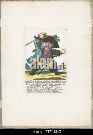 De kleine Mens Hanß Görge Prijhann als wilder Offizier, ca. 1710, 1705 – 1715 der kleine Mann Hanß Görge Prijhann als wilder Offizier mit erhobenem Schwert. In der Überschrift unter dem Titel ein sechszeiliger Vers auf Deutsch. Oben rechts nummeriert: 33. Teil einer losen Ausgabe aus der Zeit um 1710 einer Serie von Karikaturen kleiner Menschen, bekannt als Zwergton. Augsburger Papiergravur des kleinen Mannes Hanß Görge Prijhann als wilder Offizier mit erhobenem Schwert. In der Überschrift unter dem Titel ein sechszeiliger Vers auf Deutsch. Oben rechts nummeriert: 33. Teil einer losen Ausgabe von arou Stockfoto