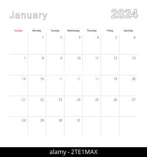 Einfacher Wandkalender für Januar 2024 mit gepunkteten Linien. Der Kalender ist auf Englisch, die Woche beginnt am Sonntag. Vektorvorlage. Stock Vektor