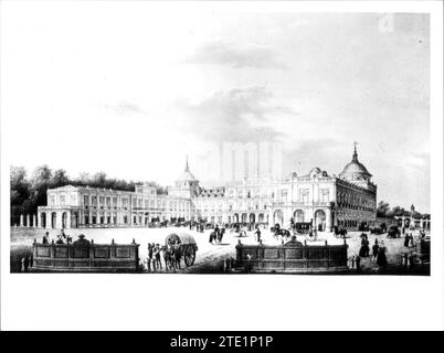 12/31/1949. Fotografie eines Gemäldes von Brambrilla, 1821. Blick auf die Hauptfassade des königlichen Palastes von Aranjuez. Quelle: Album/Archivo ABC Stockfoto