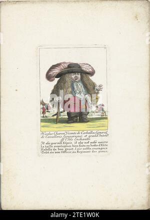 De kleine Mens Nicolas Charon als General der Kavallerie, CA. 1710, 1705 - 1715 der kleine Nicolas Charon als General der Kavallerie. In der Überschrift unter dem Titel ein vierzeiliger Vers auf Deutsch. Oben rechts nummeriert: 7. Teil einer losen Ausgabe aus der Zeit um 1710 einer Serie von Karikaturen kleiner Menschen, bekannt als Zwergton. Augsburger Papiergravur des kleinen Mannes Nicolas Charon als General der Kavallerie. In der Überschrift unter dem Titel ein vierzeiliger Vers auf Deutsch. Oben rechts nummeriert: 7. Teil einer lose-Blatt-Ausgabe aus der Zeit um 1710 einer Serie von Karika Stockfoto