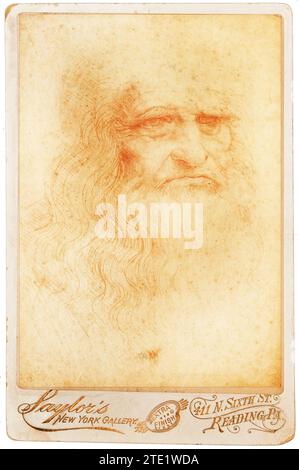 Leonardo da Vinci-Porträt auf antikem Carte de Visite Stockfoto
