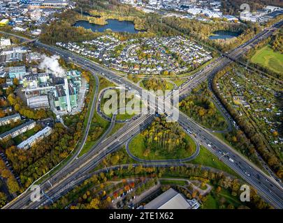 Luftaufnahme, Autobahnkreuz Leverkusen, umgeben von herbstlichen Laubbäumen, Straßenverkehr mit Stau, Küppersteg, Leverkusen, Rheinland, Nein Stockfoto
