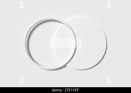 Minimalistischer weißer Kreis und Ring auf weißem Hintergrund. Modellvorlage für Symbol, Emblem, Zeichen oder Logo. Abstrakte geometrische Formen. 3D-Rendering. Stockfoto