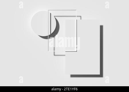 Abstrakte geometrische Formen auf weißem Hintergrund. Modellvorlage für Symbol, Emblem, Zeichen oder Logo. Abstrakte geometrische Formen. 3D-Rendering. Stockfoto