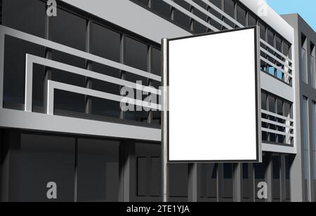 Leere Plakatwand hängt an der Stange mit modernem Gebäudeschutz. Vorlagenmodell für Medien, Werbung und Plakatplatzierung. 3D-Rendering. Stockfoto