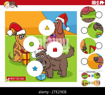 Zeichentrickillustration des lehrreichen Match the Pieces Puzzle-Spiel mit lustigen Hunden Tierfiguren an Weihnachten Stock Vektor